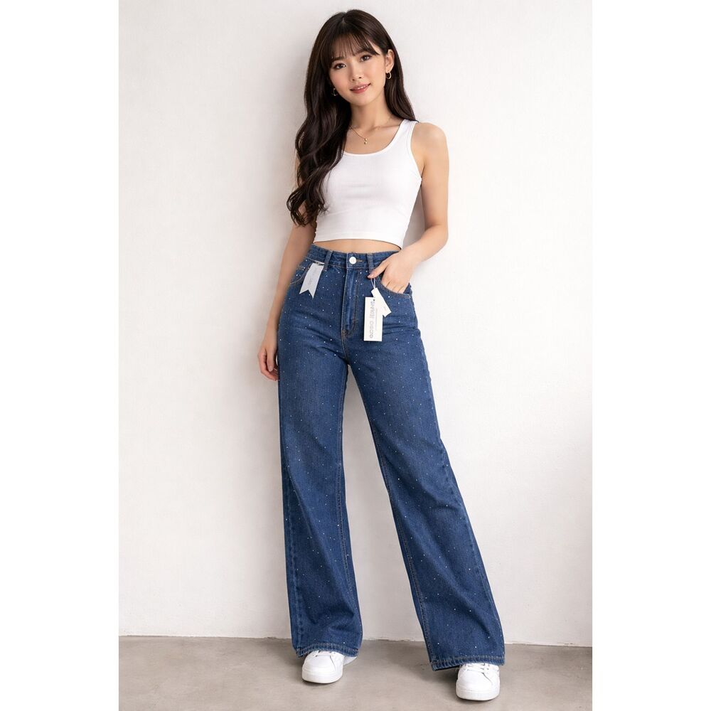 GoGo Rhinestone Studded Bootcut Jeans Women’s Size 1 Denim Bling Wide Leg